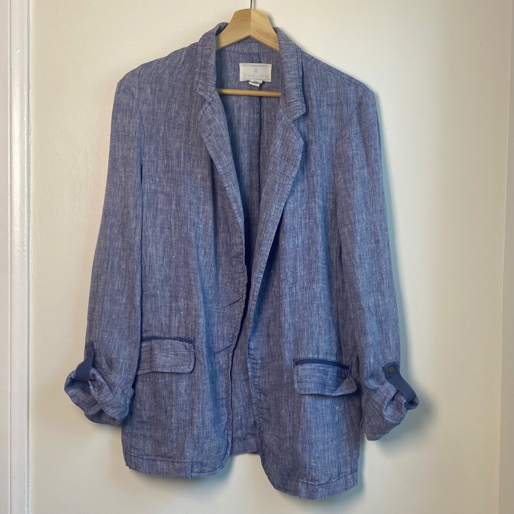 Caslon Blazer Women S Blue Linen Roll Tab Sleeve Casual Workwear Coastal